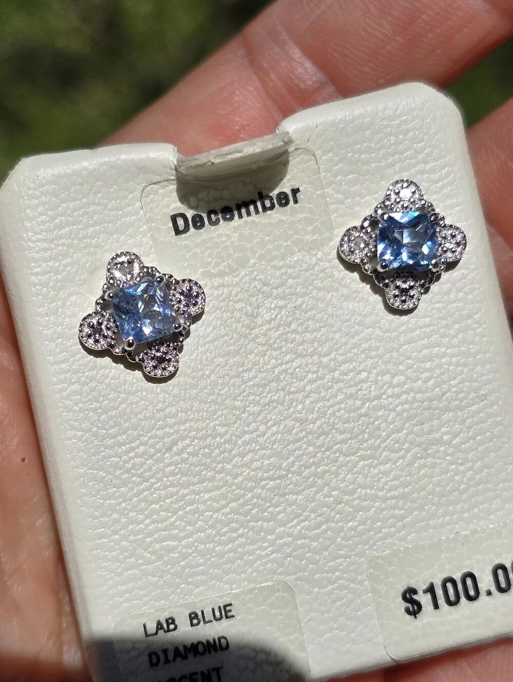 NWT sterling silver 925 blue diamond clover diamond accent December studs earrin